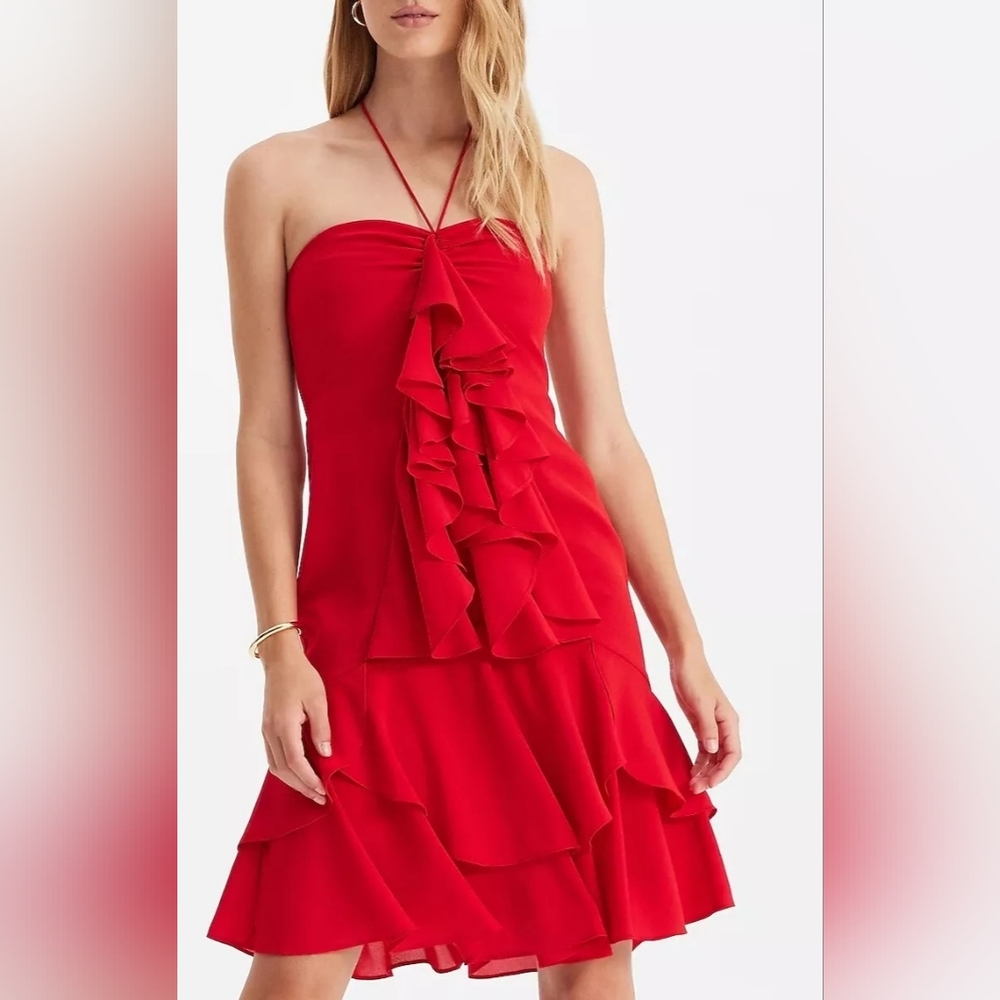 Express Red Strapless Asymmetrical Ruffled Dress